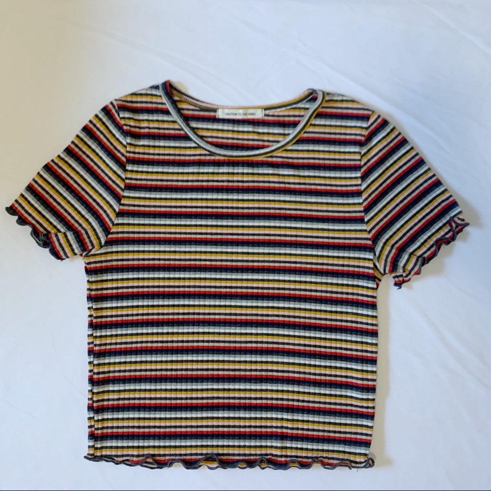 Multicolor Striped Lettuce Trim Cropped T Shirt